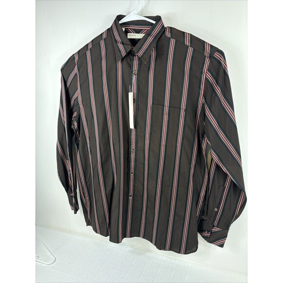 Perry Ellis Mens Size L Brown Stripe Button Up Shirt Long Sleeve NWT 100% Cotton - Picture 2 of 9